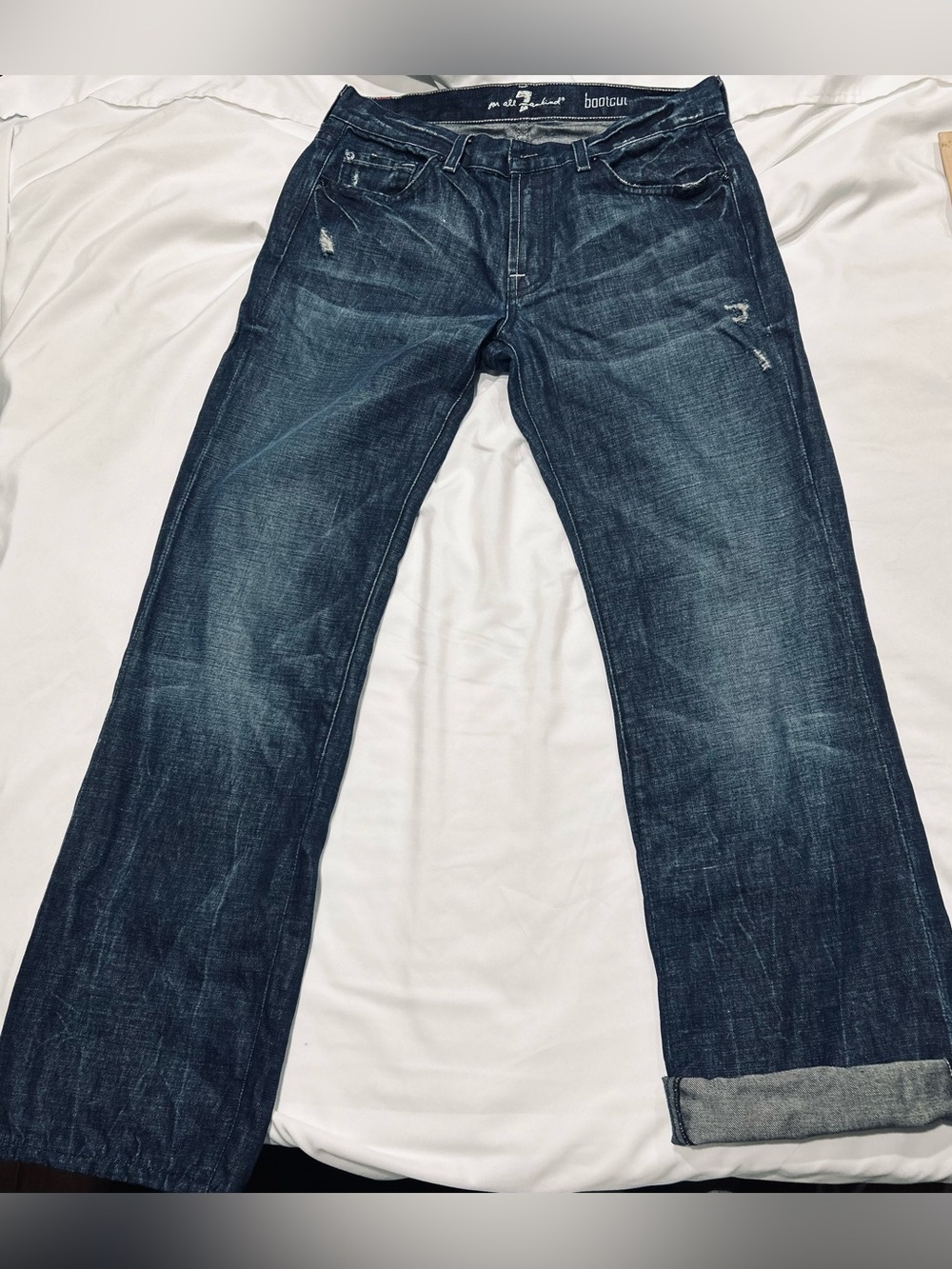 7 For All Mankind Organic Cotton Linen Bootcut Jeans Distressed Dark Wash 31